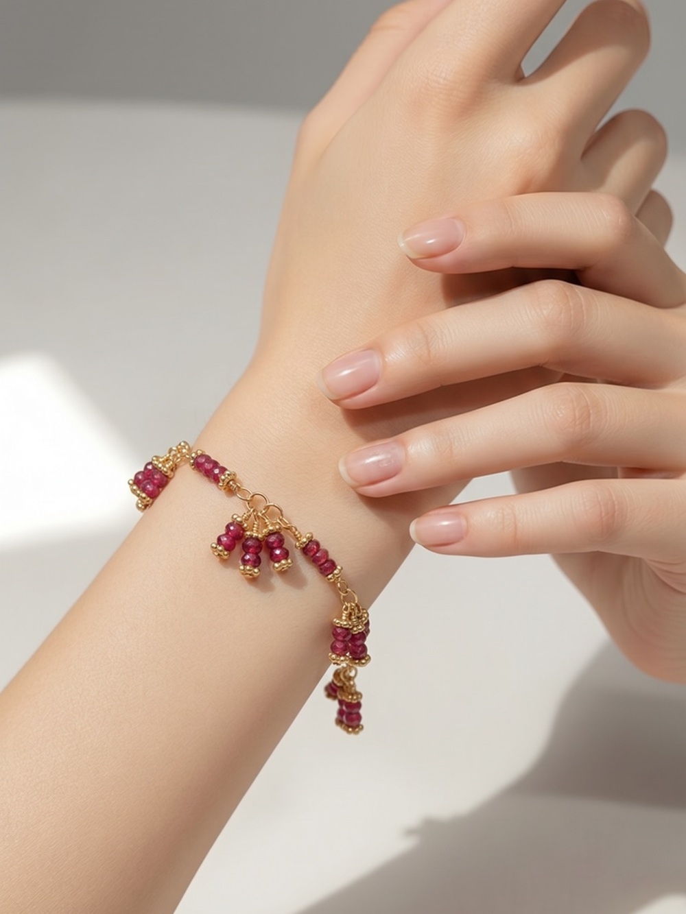 Handcrafted Vermeil and Ruby Beaded Charm Bracelet 7”